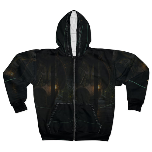 Front view of the Boardwalk by Lantern zip hoodie, with a panda carrying a lantern along a marsh boardwalk at dusk.