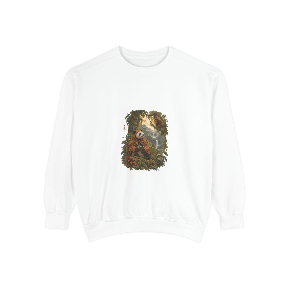 Front of the white Canopy Is Not a Hallway sweatshirt, with a panda in a leaf cloak beneath a Tapanuli orangutan in the canopy.