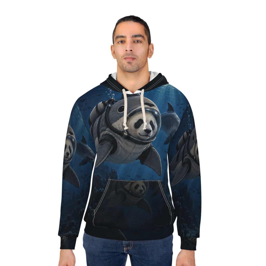 Alternate model view of the Zero-Tolerance Tide hoodie showing the panda's breathing gear and dolphin scene.