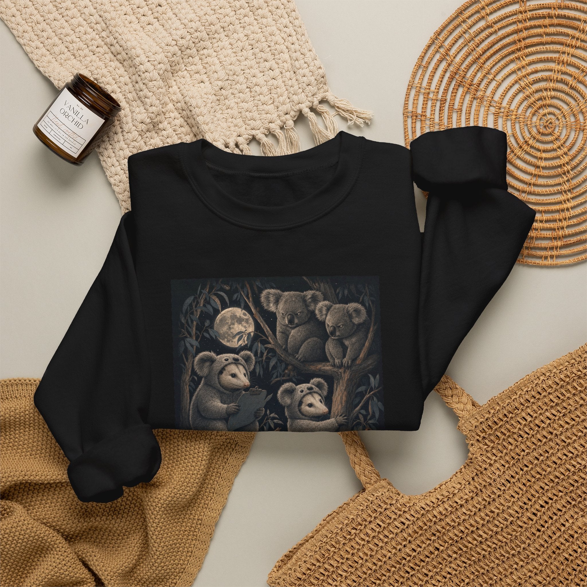 Koala and opossum design on a black crewneck sweatshirt, Wrong Habitat