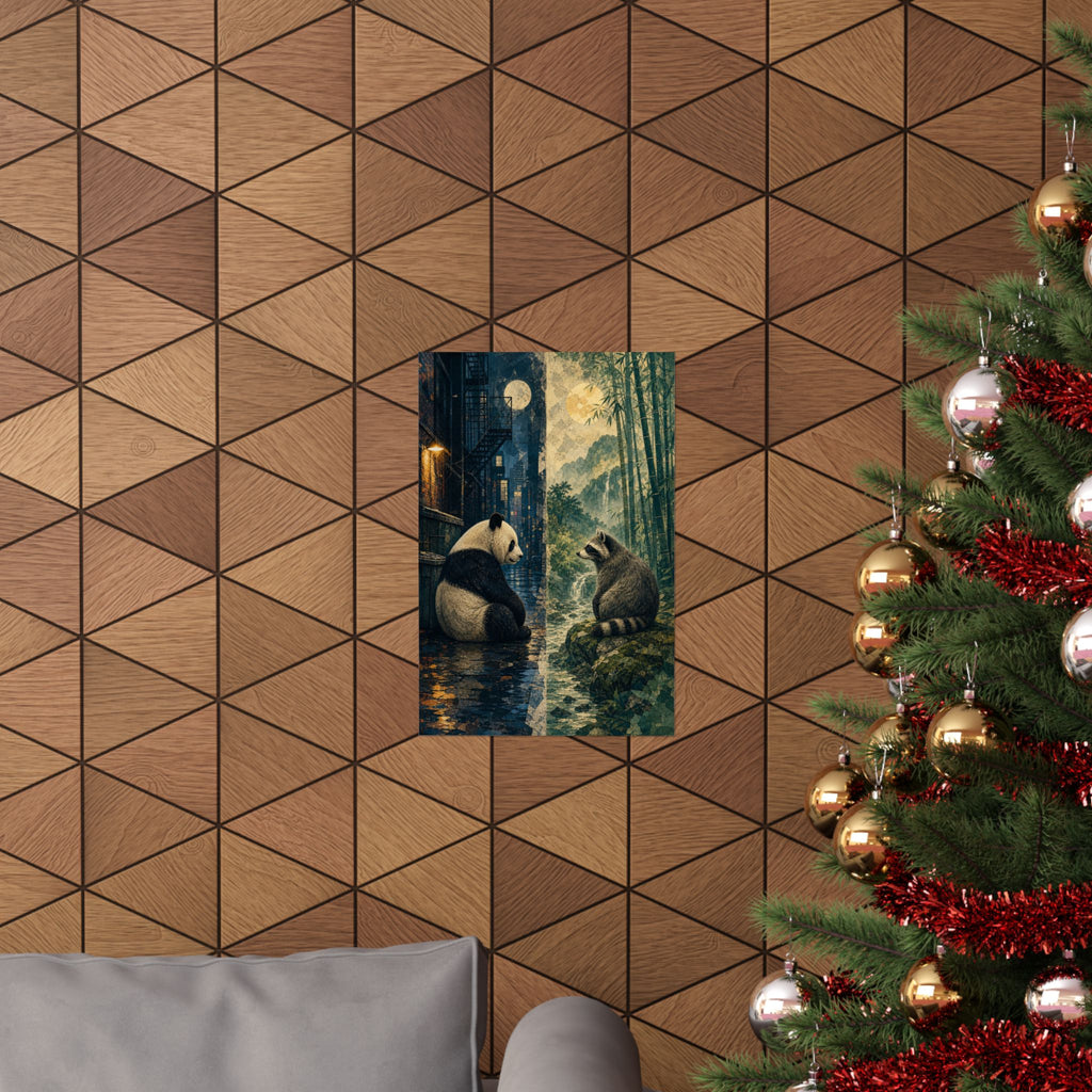 Panda and raccoon matte art print shown in an interior setting