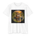 White tee with a round print of a panda in a capybara hat and wader suit, chest-deep in a sunset wetland holding a map, Wrong Habitat