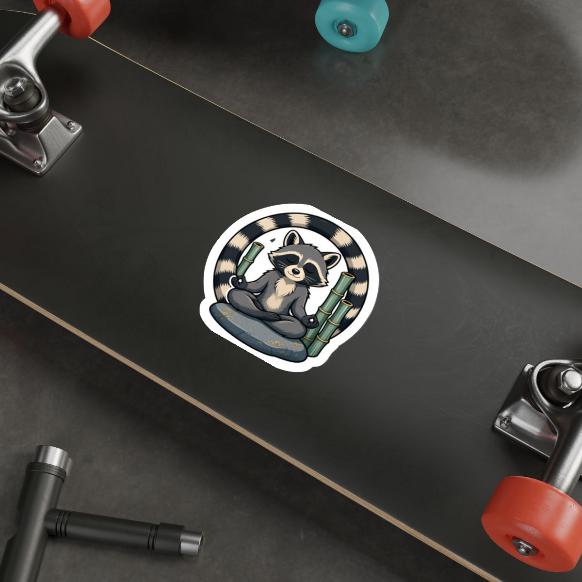 Serene bamboo raccoon die-cut weatherproof vinyl sticker, Wrong Habitat — additional product view 2