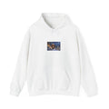 White hoodie with a small chest print of a panda in a red-panda hood on a snowy mountain trail at night under a full moon, Wrong Habitat