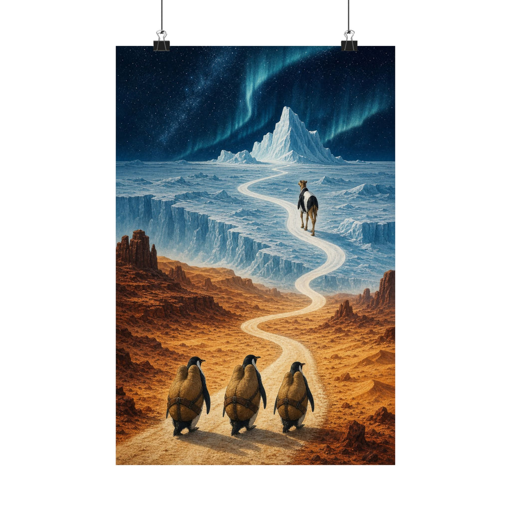 Camel and penguin art print: a winding road connecting desert and ice, matte poster