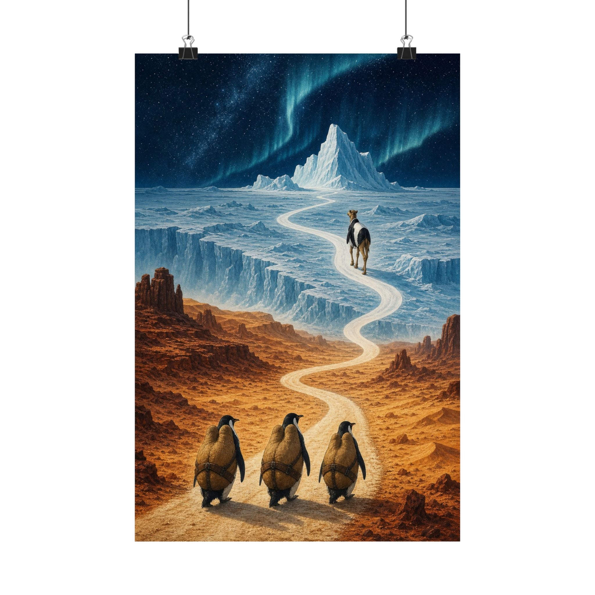 Camel and penguin art print: a winding road connecting desert and ice, matte poster