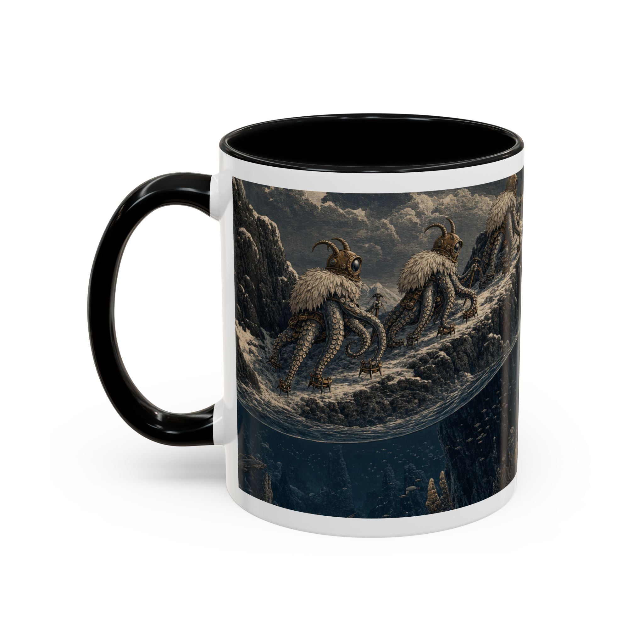 Surface Tension mug design detail: an unbroken horizon from seabed to summit