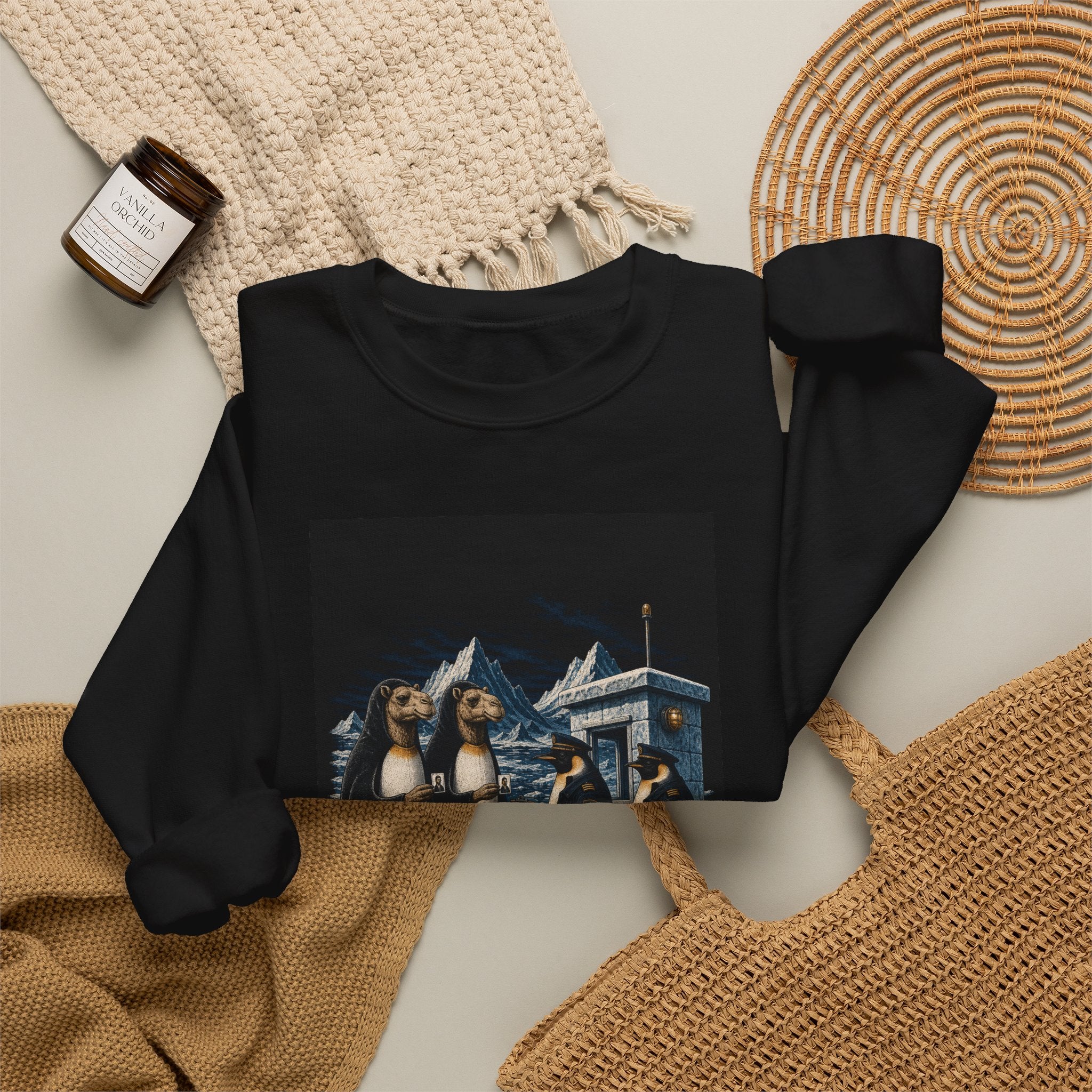 Camels in penguin tuxedos design shown on a black crewneck sweatshirt, Wrong Habitat