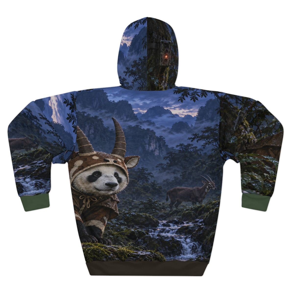 Back view of The Quietest Camera hoodie, with the moonlit stream and mountain forest scene continuing across the panels.