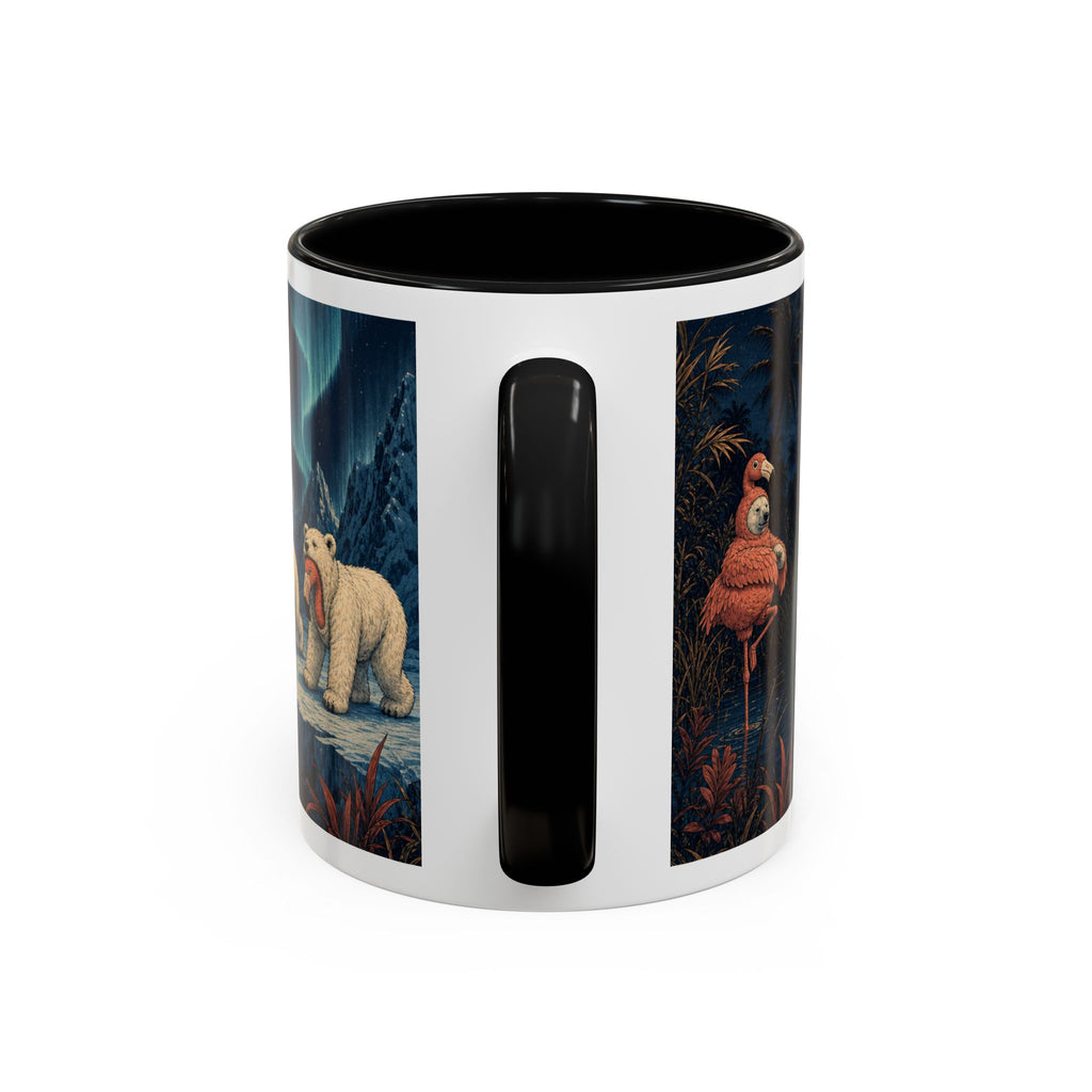 Polar bear and flamingo moonlit wraparound print on an 11oz ceramic mug, Wrong Habitat