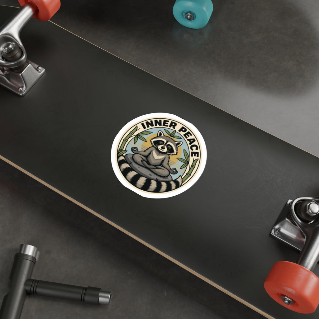Inner Peace zen raccoon die-cut weatherproof vinyl sticker, Wrong Habitat — additional product view 2
