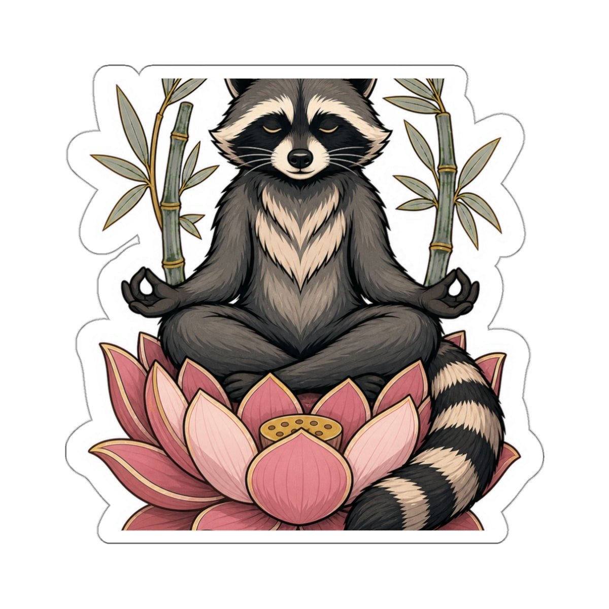 Lotus raccoon sticker: a raccoon in a seated meditation pose, die-cut weatherproof vinyl decal