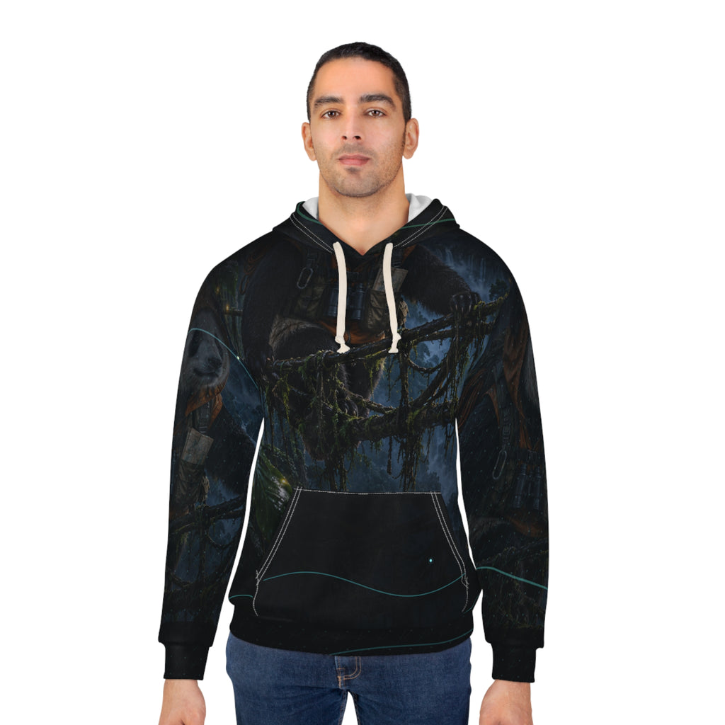 Alternate model view of the Halfway Across hoodie showing the night crossing scene across the garment.