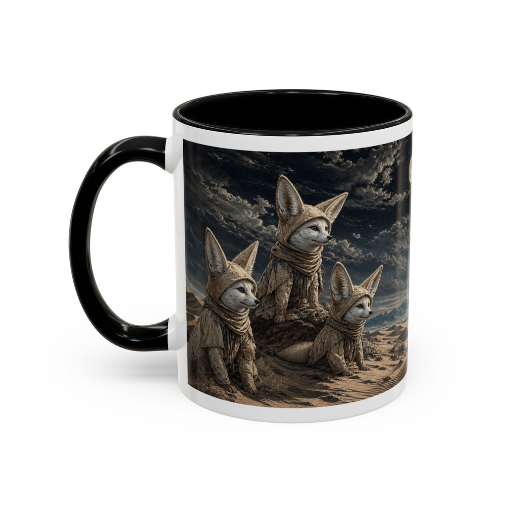 Desert and tundra mug design detail: nocturnal foxes on opposite terrain