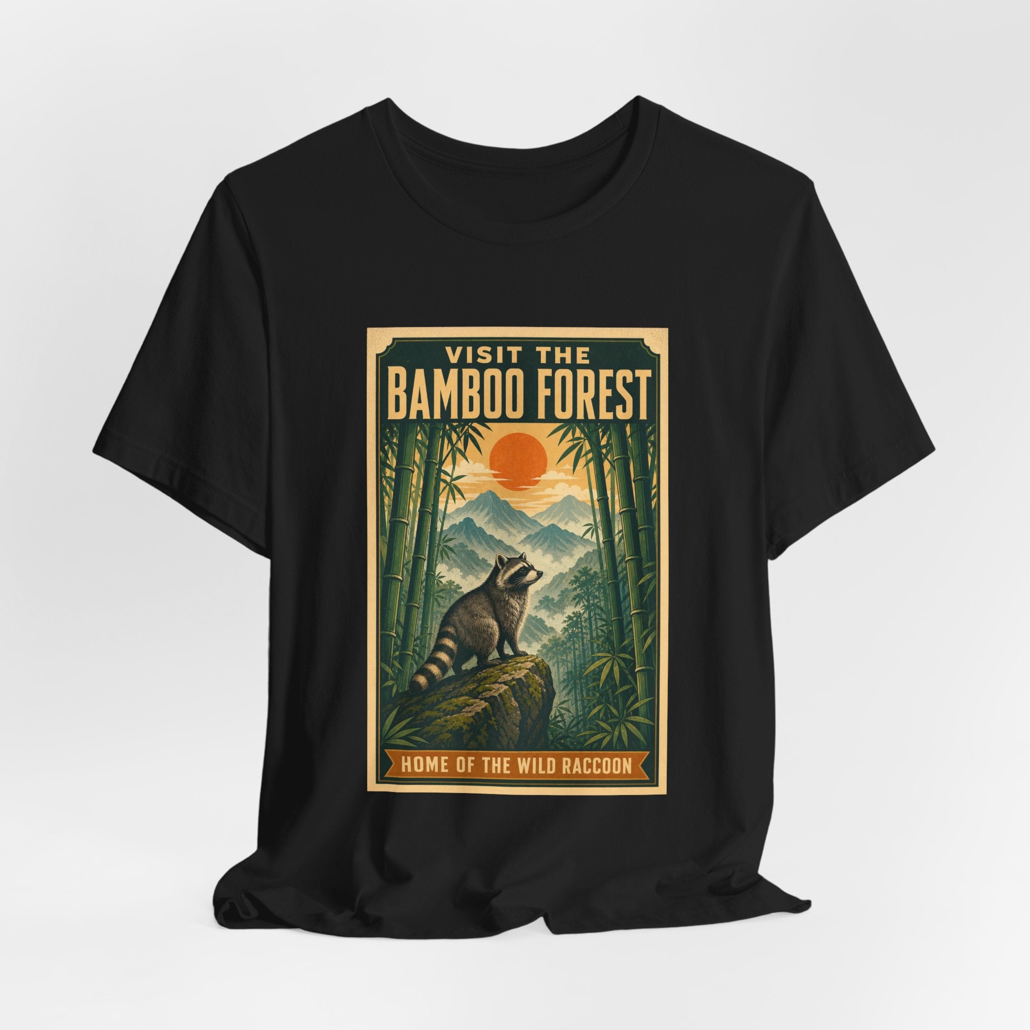 Retro bamboo forest park poster design shown on a black unisex tee, Wrong Habitat