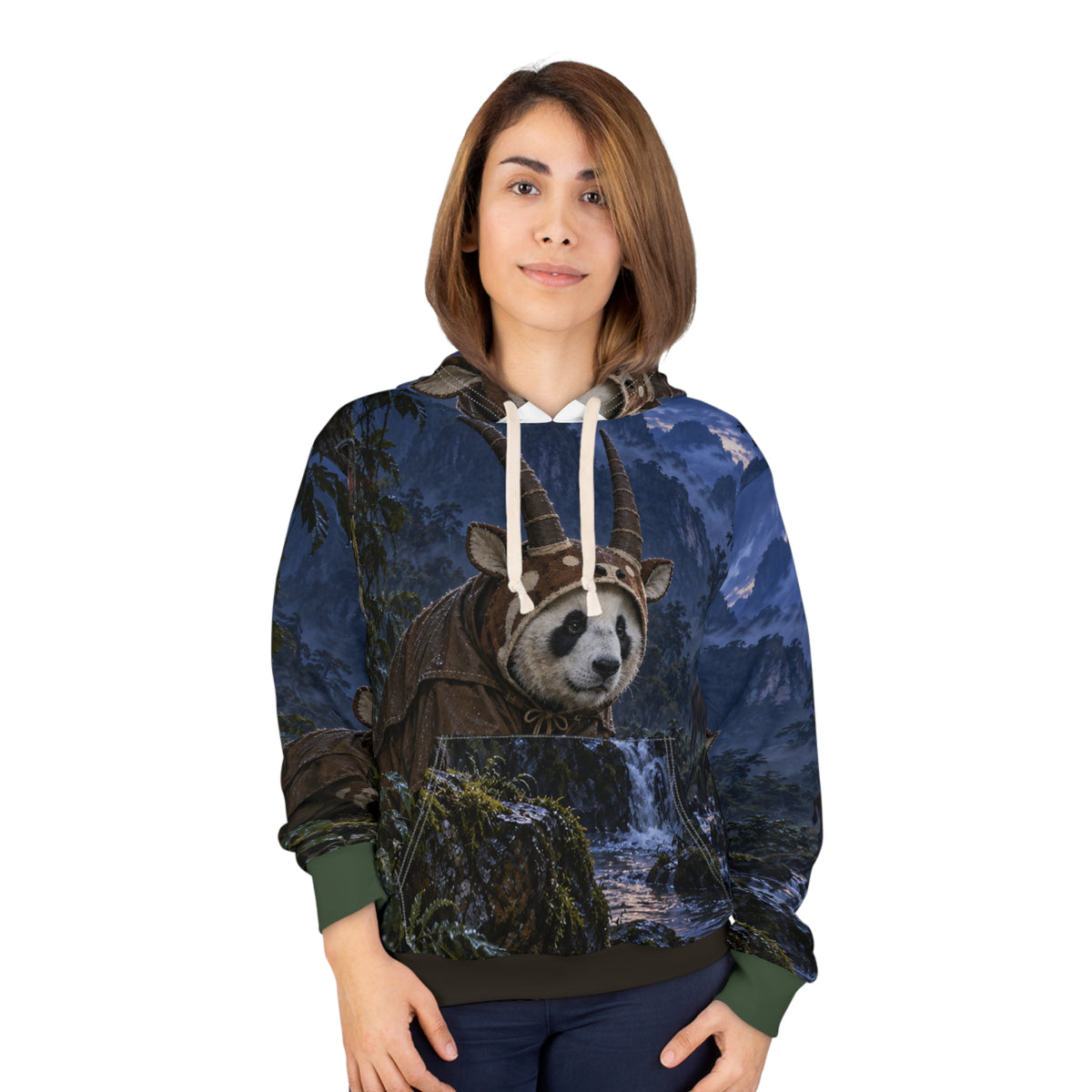 Model wearing The Quietest Camera hoodie with its all-over nighttime saola artwork.