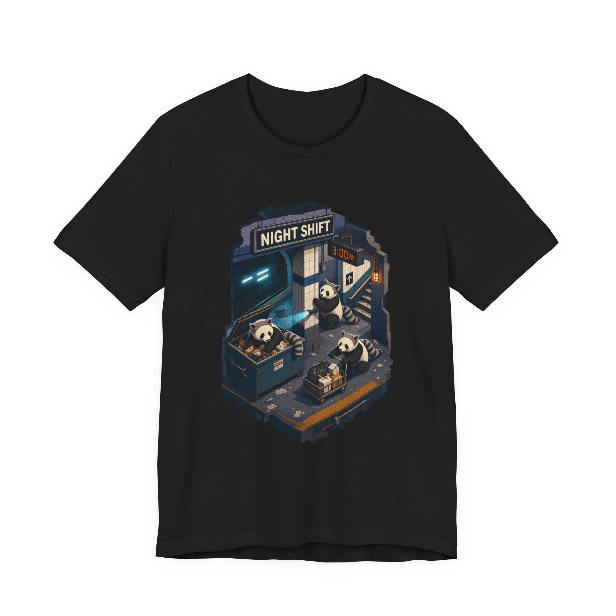 3am trash panda t-shirt: a panda tipping a subway trash can under neon city lights, black tee