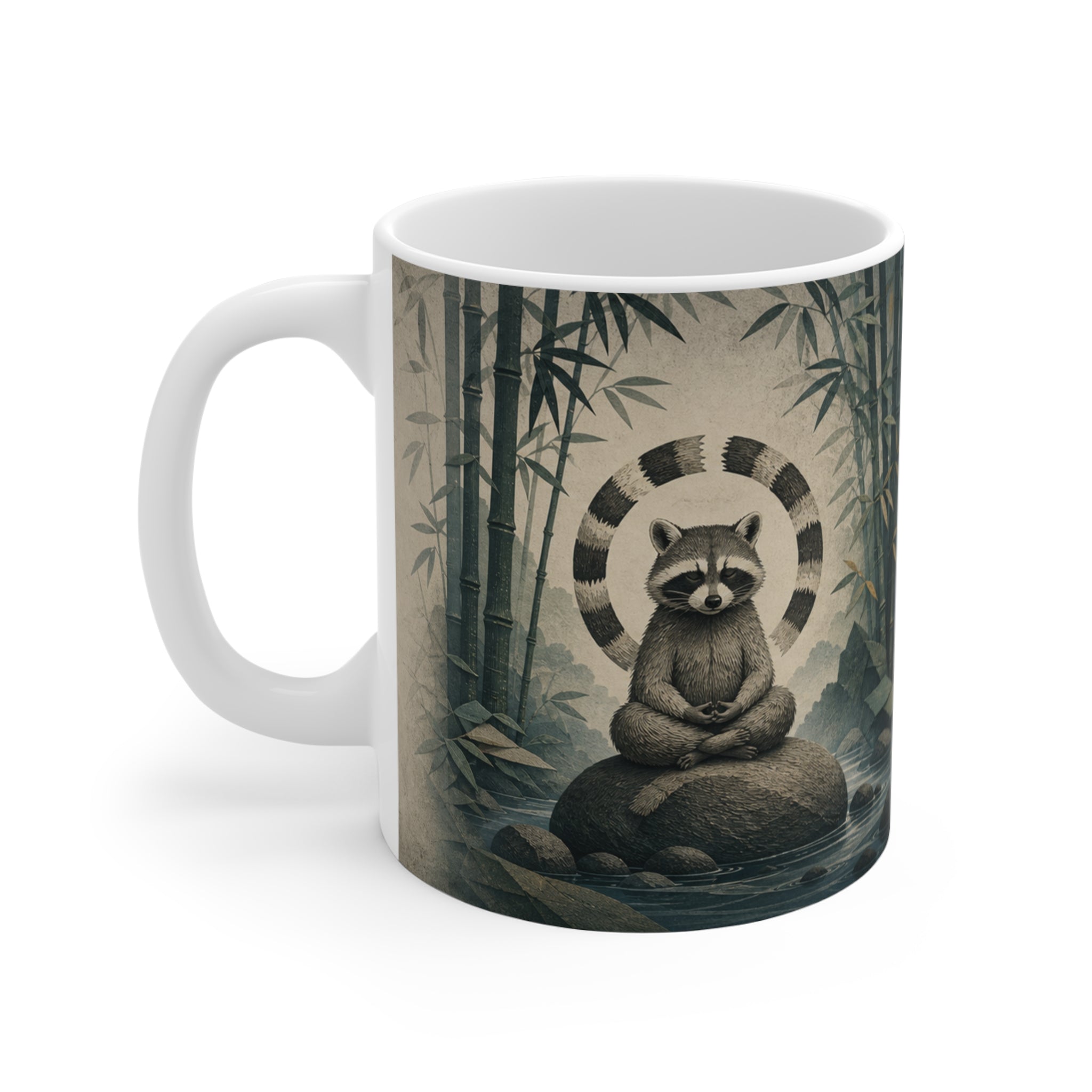 Zen raccoon coffee mug: a meditating raccoon in bamboo on an 11oz black ceramic mug