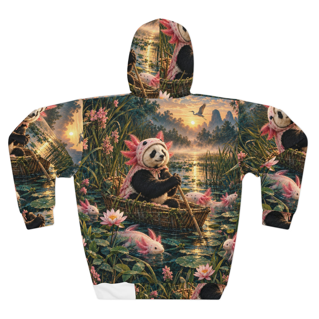 Back of the Gills Before Bills hoodie, with lilies, reeds, and the axolotl-panda scene continuing across the panels.