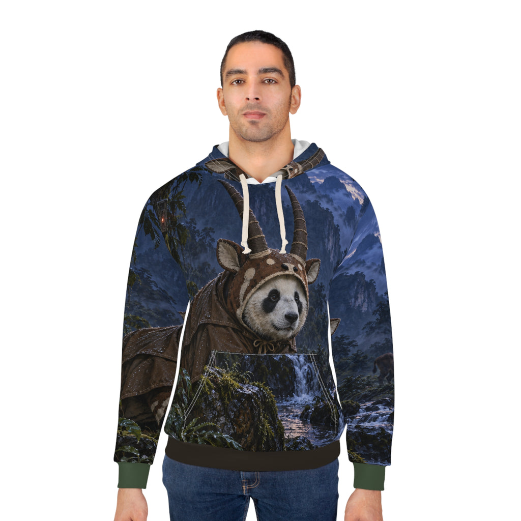 Alternate model view of The Quietest Camera hoodie showing the panda, saola, and camera-trap scene.