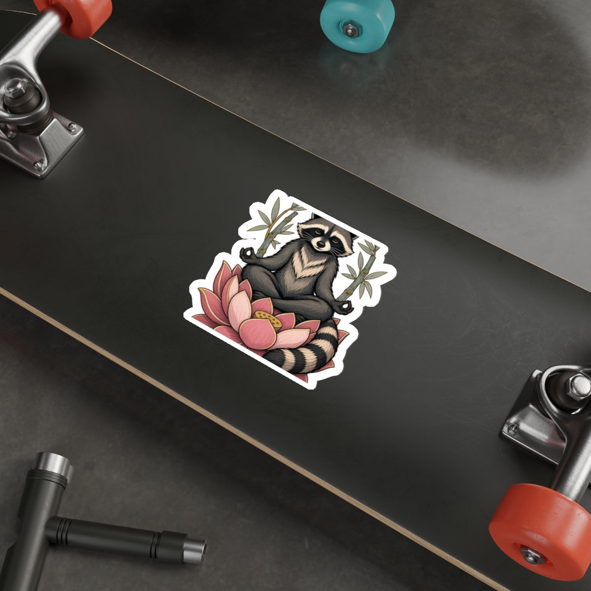 Lotus raccoon meditating die-cut weatherproof vinyl sticker, Wrong Habitat — additional product view 2