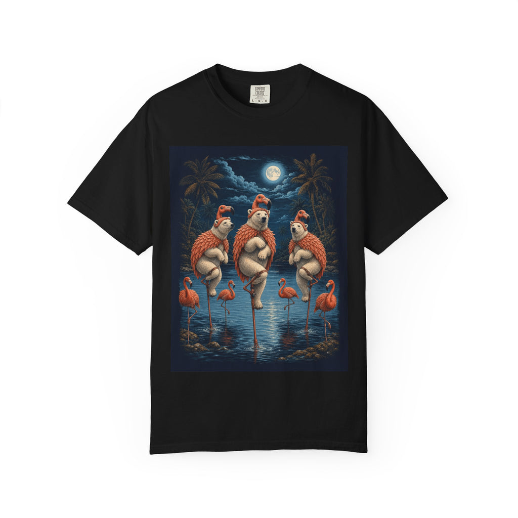 Flamingo in a polar bear suit t-shirt: a flamingo balanced on one leg on the ice, black unisex tee