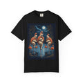 Flamingo in a polar bear suit t-shirt: a flamingo balanced on one leg on the ice, black unisex tee