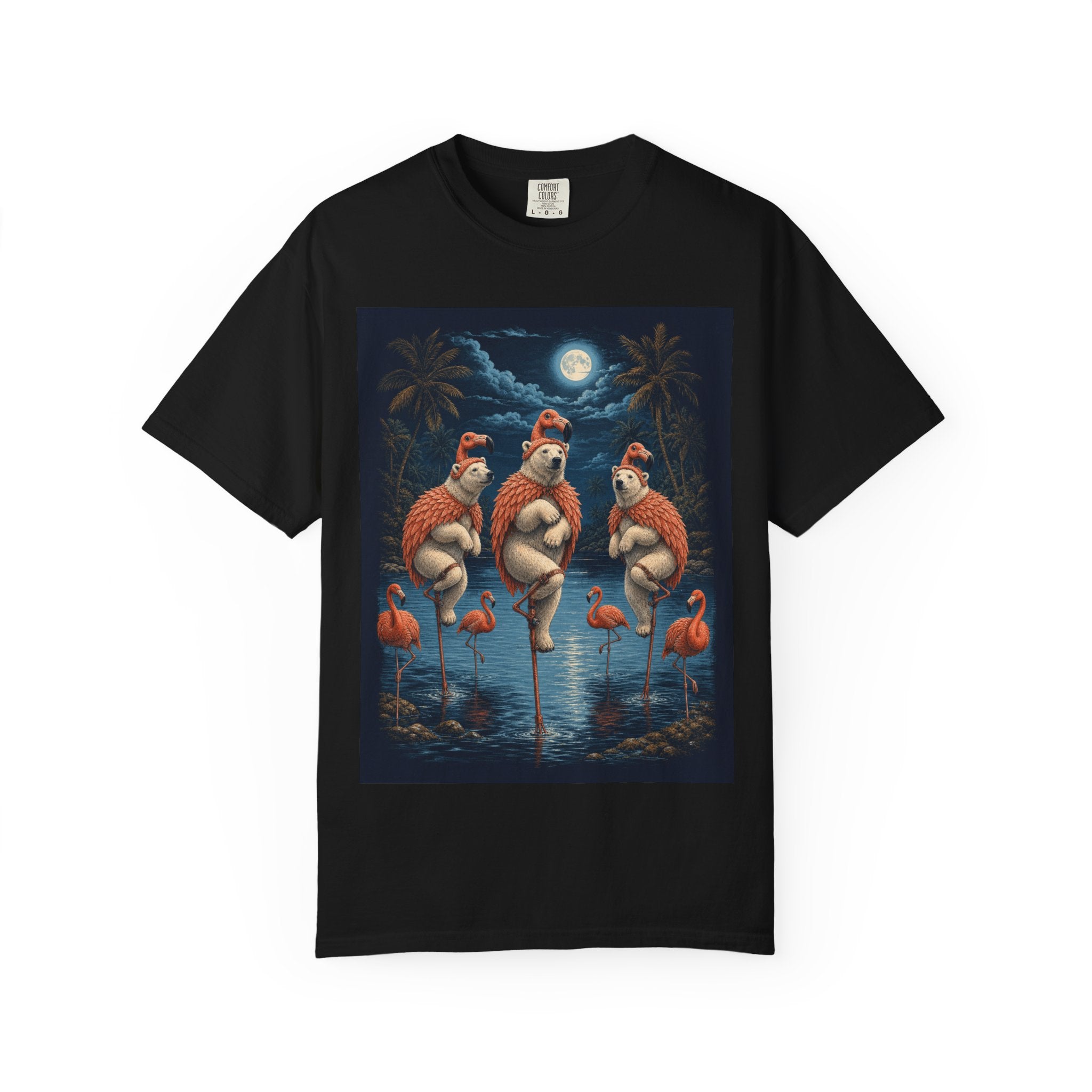 Flamingo in a polar bear suit t-shirt: a flamingo balanced on one leg on the ice, black unisex tee