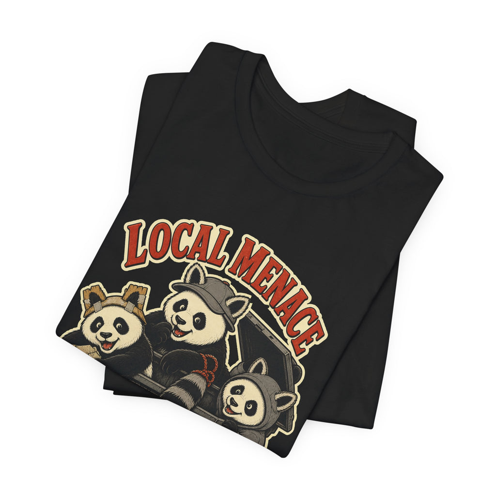 Trash panda t-shirt design detail: a panda elbow-deep in a city trash can