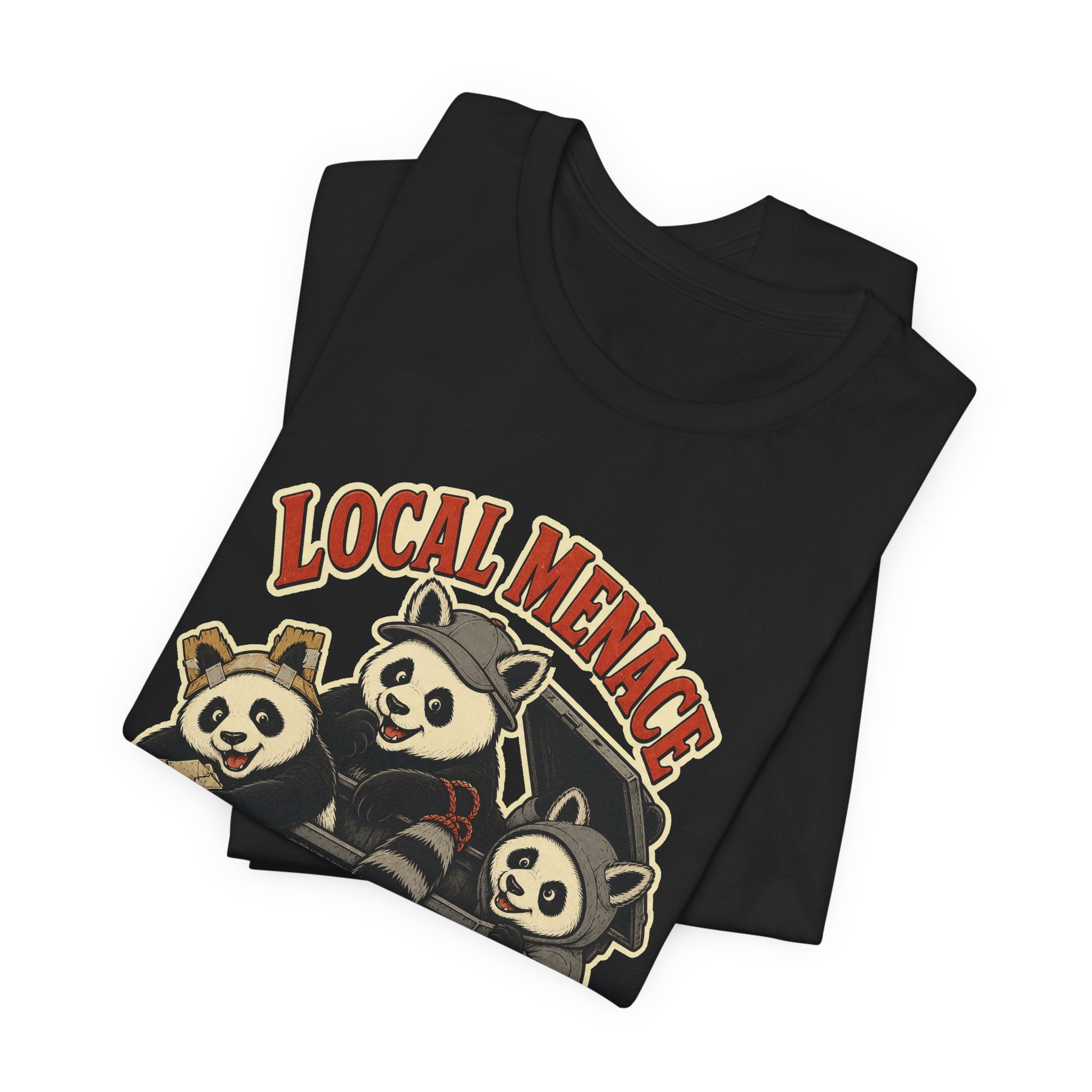Trash panda t-shirt design detail: a panda elbow-deep in a city trash can
