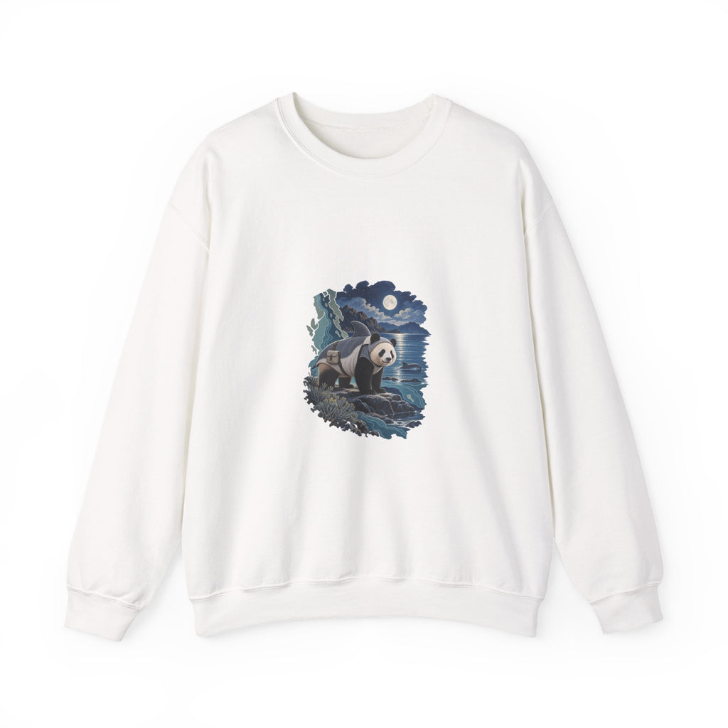 Front of the white Gulf Visitor 01 crewneck, with a panda in coastal gear and a vaquita surfacing near shore.