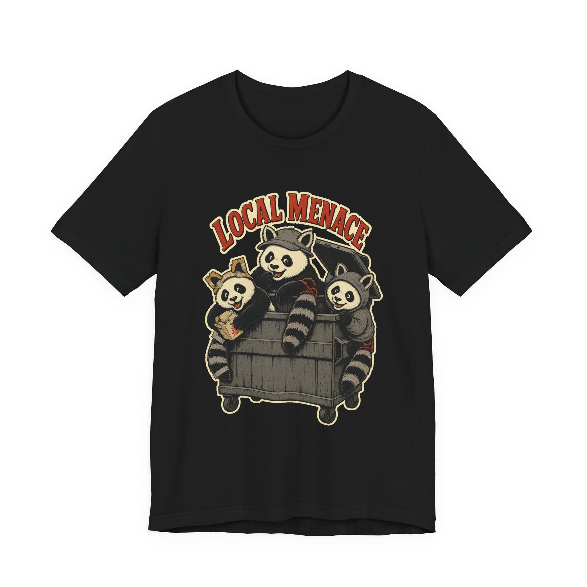 Trash panda t-shirt: a panda digging through a knocked-over city trash can, black unisex tee