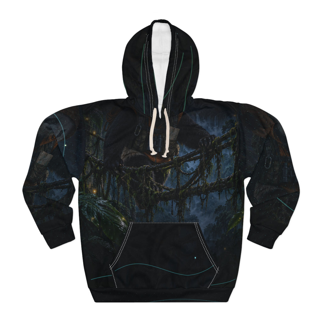 Front view of the Halfway Across AOP hoodie, with a panda crossing a vine bridge above a waterfall gorge at night.