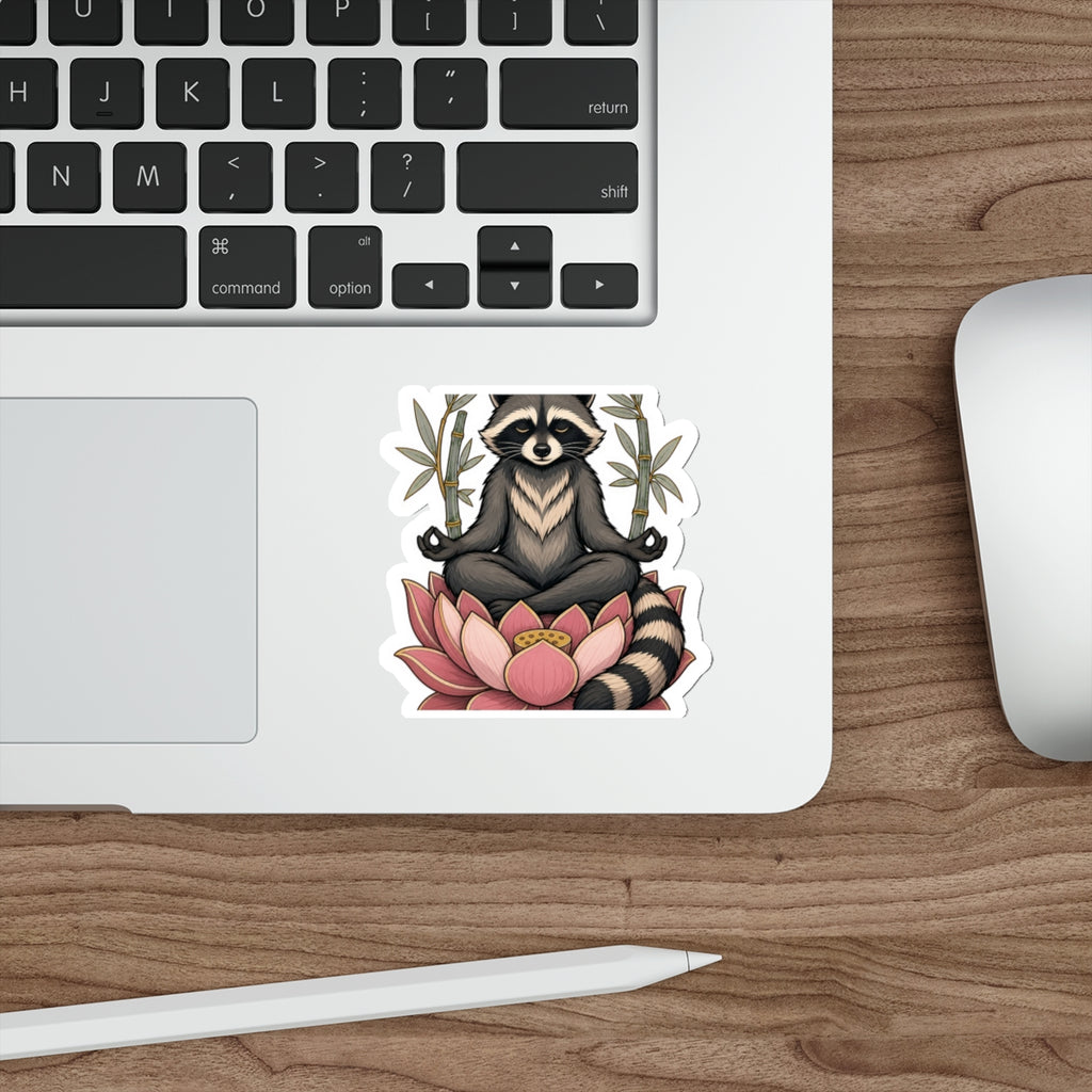 Lotus raccoon die-cut vinyl sticker size comparison, 3, 4 and 5 inch