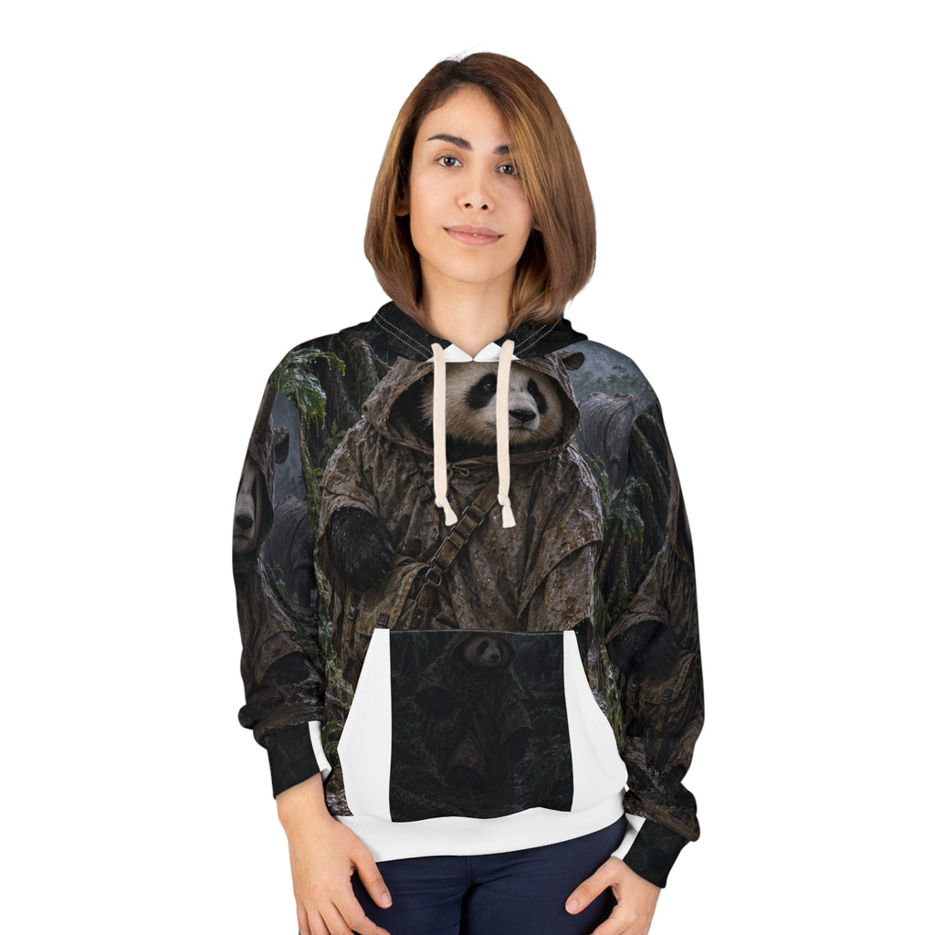 Model wearing the Mudline Survey hoodie with its all-over Javan rhino habitat print.
