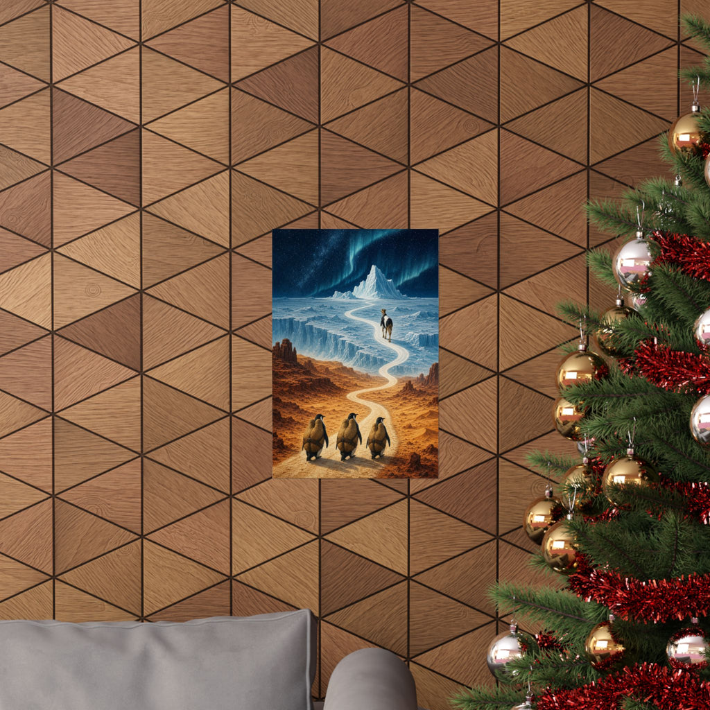 Camel and penguin landscape poster shown in an interior setting