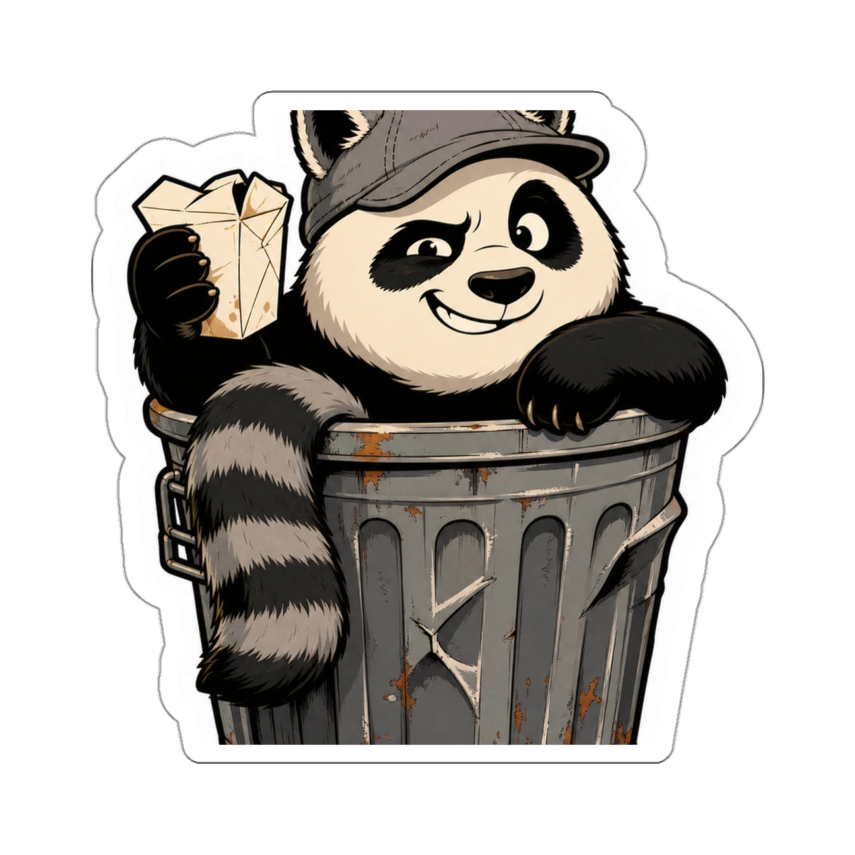 Trash panda sticker: a dumpster-diving panda in raccoon disguise, die-cut weatherproof decal