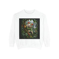 White garment-dyed sweatshirt printed with a panda in a green frog disguise clinging to a rainforest tree beside a tiny frog, Wrong Habitat