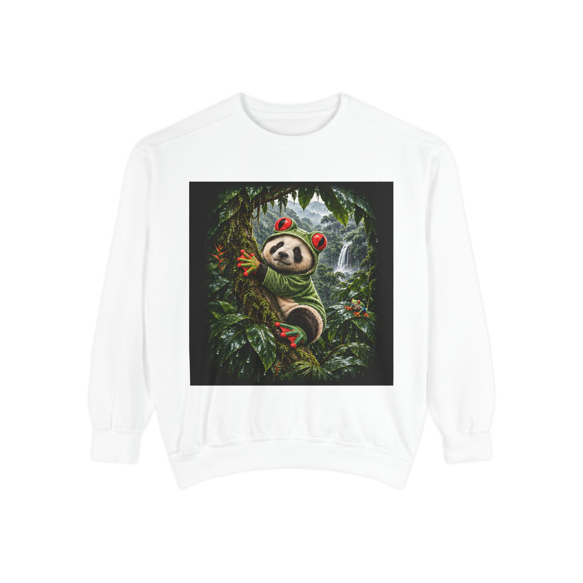 White garment-dyed sweatshirt printed with a panda in a green frog disguise clinging to a rainforest tree beside a tiny frog, Wrong Habitat