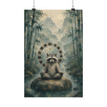Zen raccoon art print: a raccoon meditating in a misty bamboo forest, matte poster