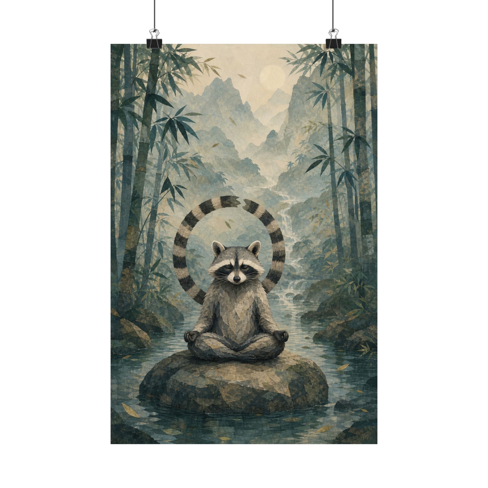 Zen raccoon art print: a raccoon meditating in a misty bamboo forest, matte poster
