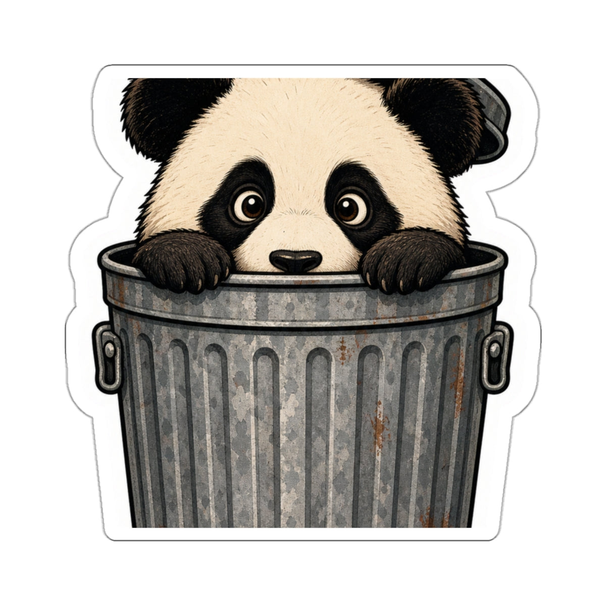 Peeking panda sticker: a small panda looking out of a trash can, die-cut vinyl decal