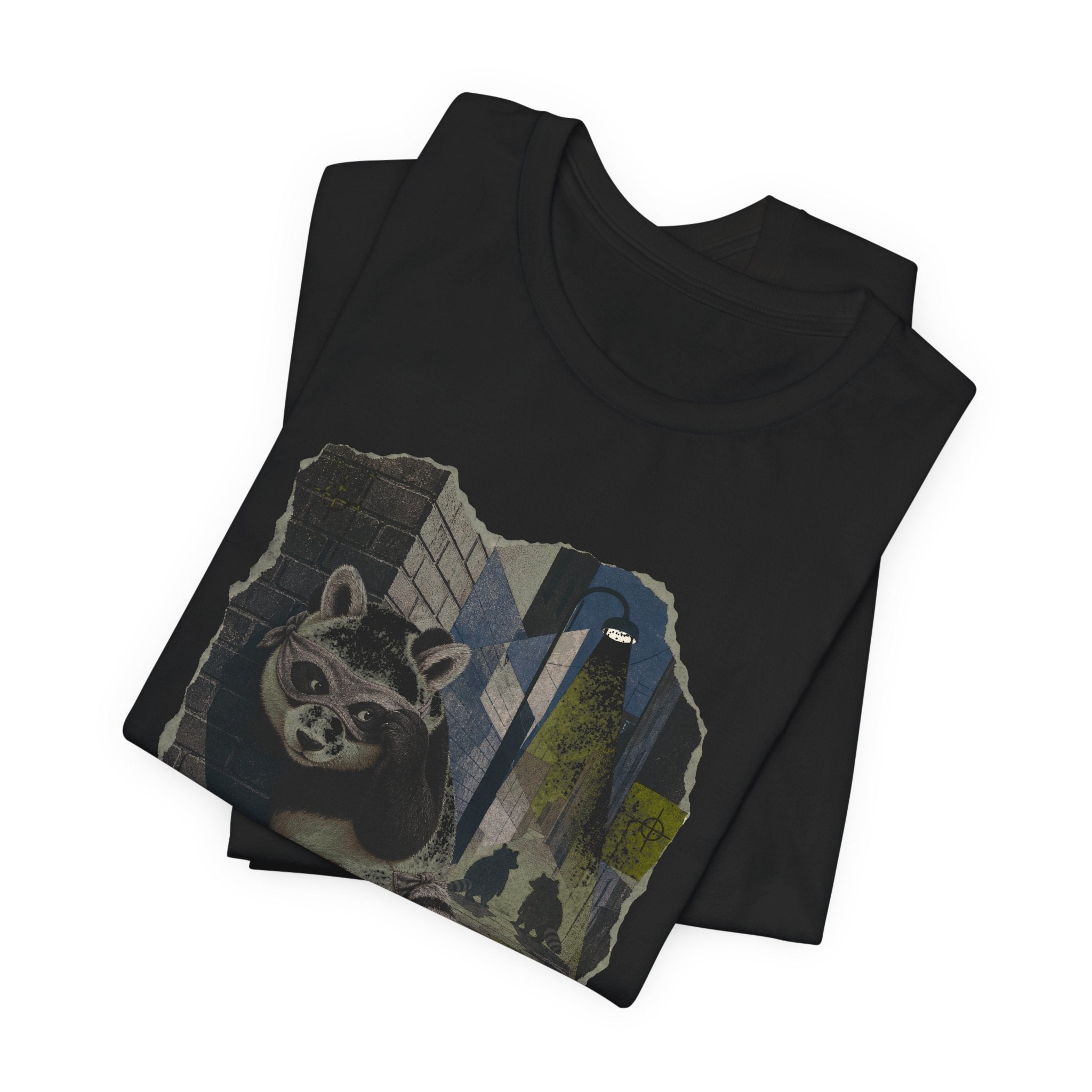 Undercover panda t-shirt design detail: a panda wearing a raccoon mask, side-eye