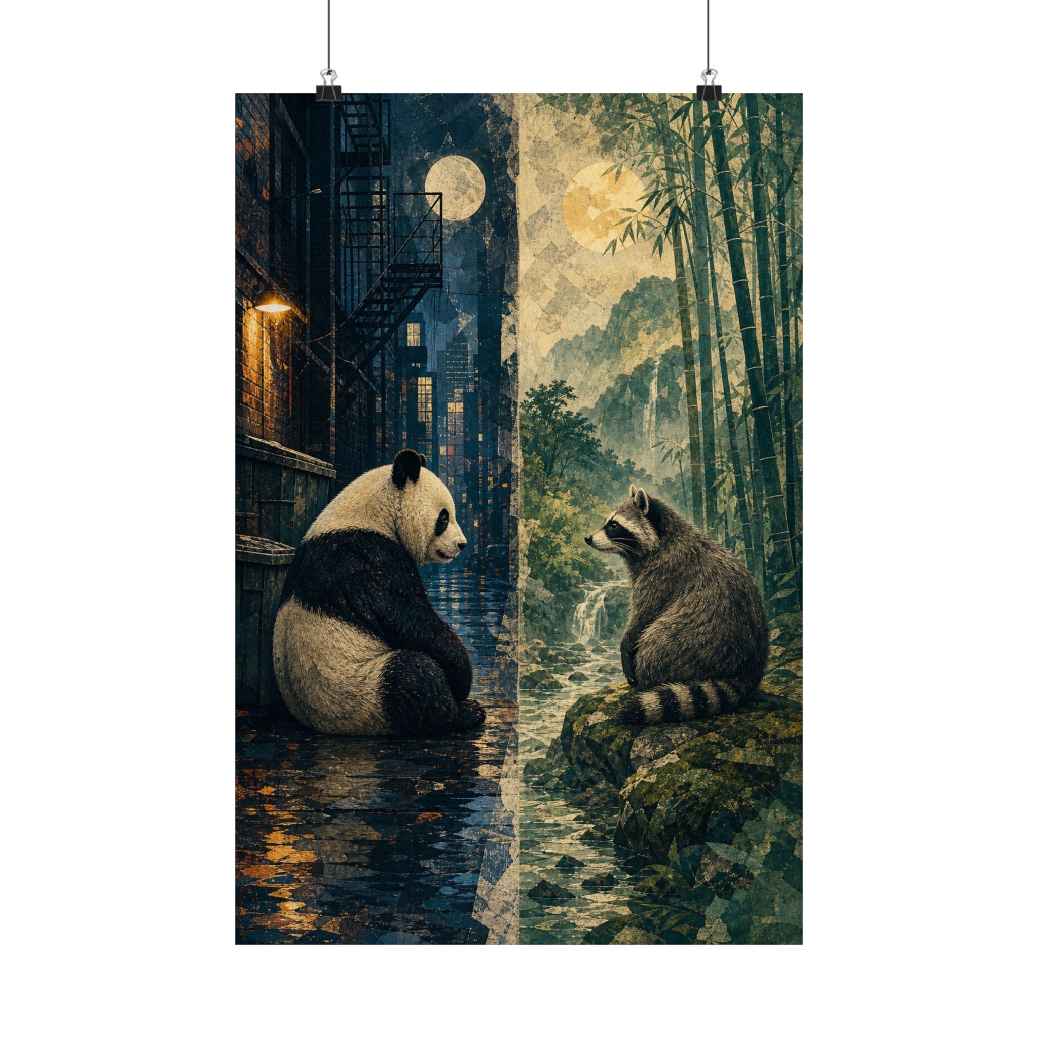 Panda and raccoon diptych art print shown framed on a wall