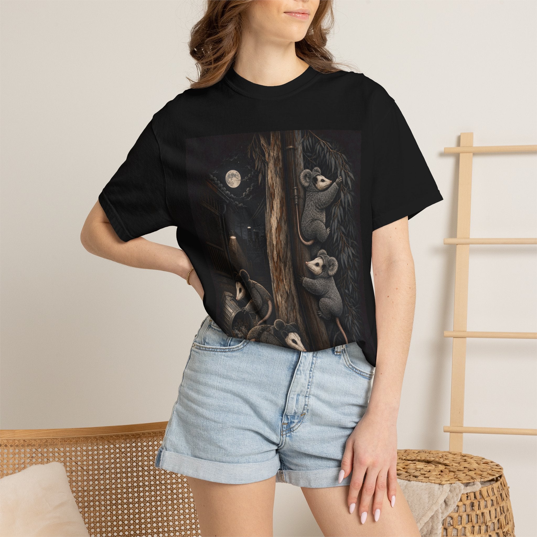 Koala and opossum swap design on a black unisex tee, Wrong Habitat