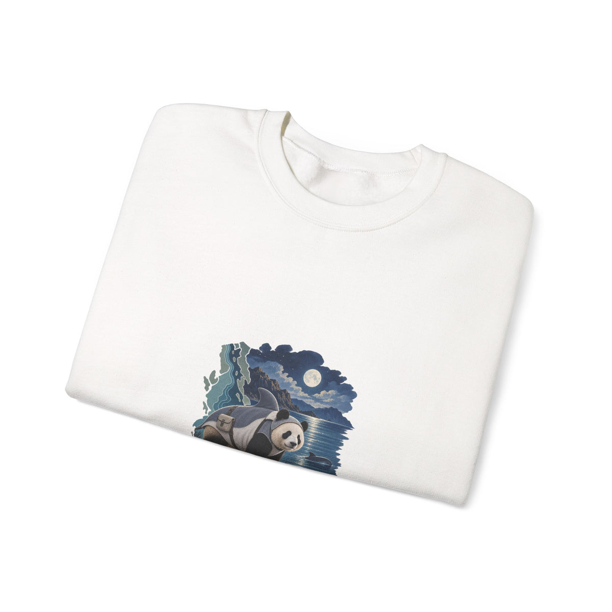 Model wearing the white Gulf Visitor 01 crewneck with its centered vaquita and coastal panda print.