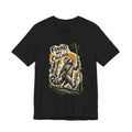 Zen raccoon t-shirt: a raccoon holding a bamboo stalk like a monk's staff, black unisex tee