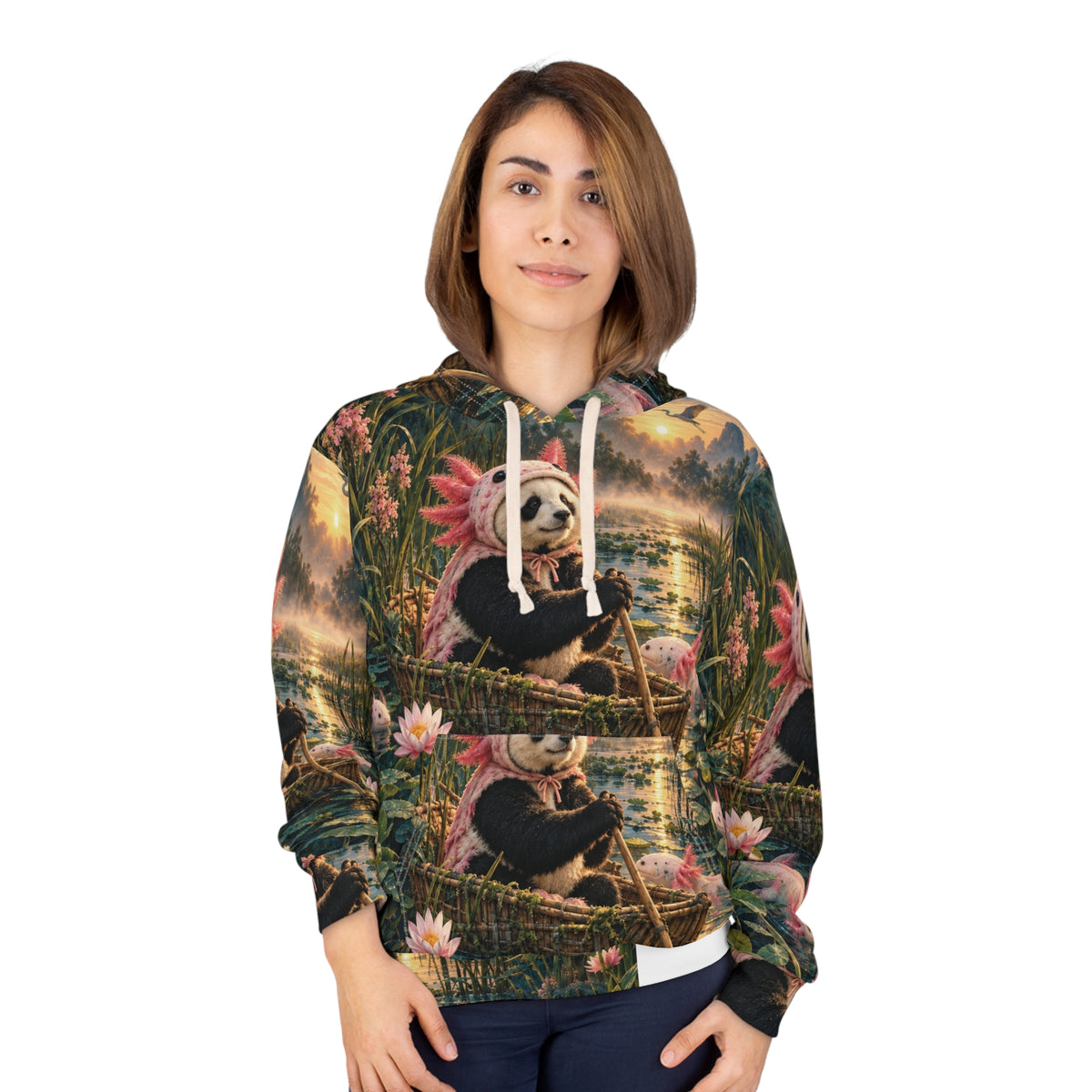 Model wearing the Gills Before Bills hoodie with its all-over sunrise wetland print.