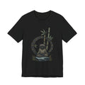 Meditating raccoon t-shirt: a raccoon sitting cross-legged in misty bamboo, black unisex tee