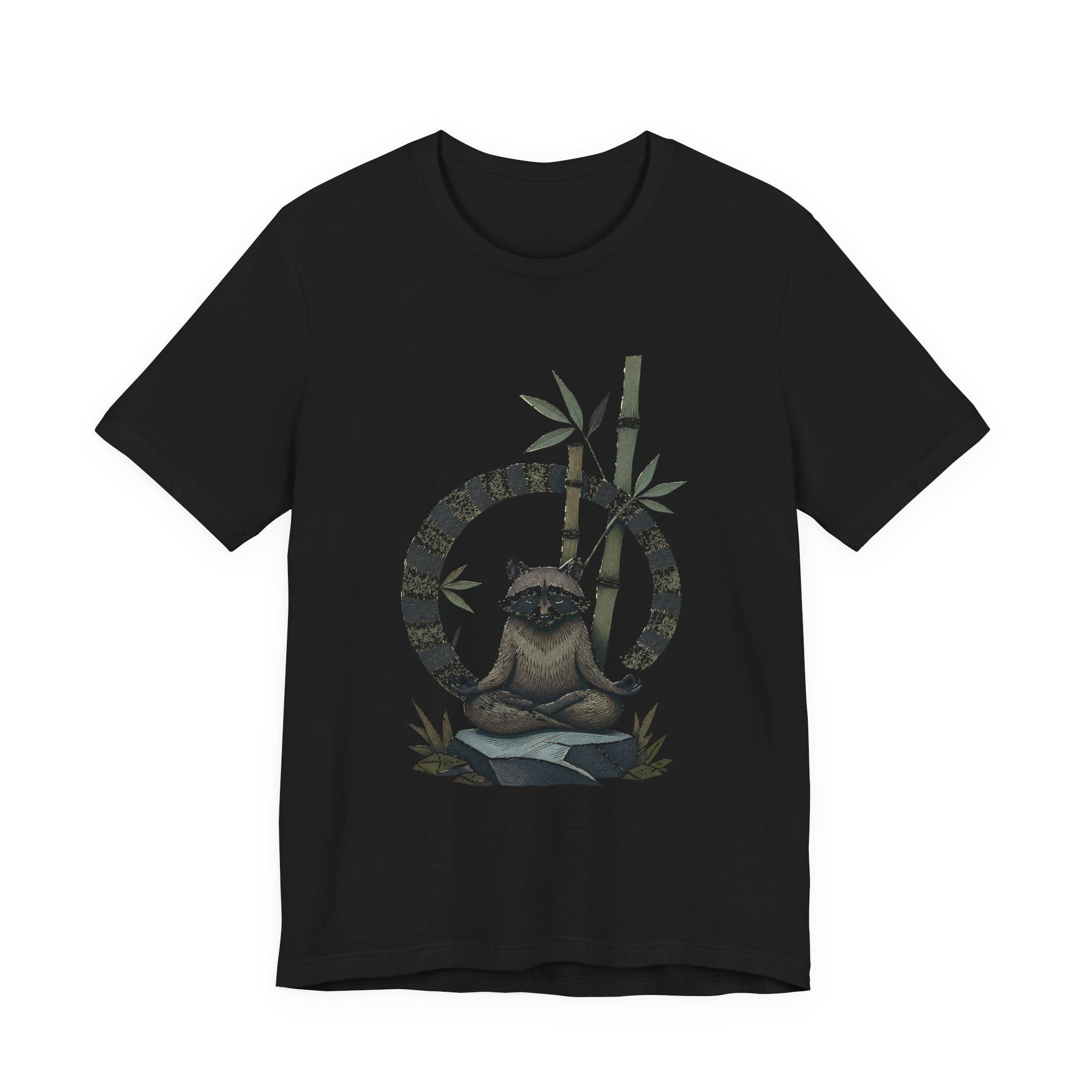 Meditating raccoon t-shirt: a raccoon sitting cross-legged in misty bamboo, black unisex tee